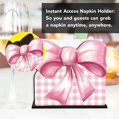 Pink Wooden Napkin Holder, Pink Bow Ribbon Gingham Checkered Tissue Dispenser, Rustic Bows Party Decor for Table Kitchen Dining Room Home