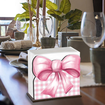 Pink Wooden Napkin Holder, Pink Bow Ribbon Gingham Checkered Tissue Dispenser, Rustic Bows Party Decor for Table Kitchen Dining Room Home
