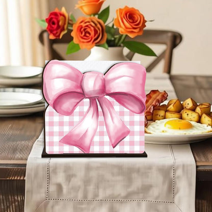 Pink Wooden Napkin Holder, Pink Bow Ribbon Gingham Checkered Tissue Dispenser, Rustic Bows Party Decor for Table Kitchen Dining Room Home