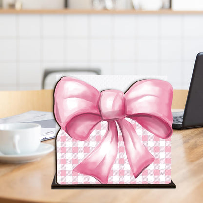 Pink Wooden Napkin Holder, Pink Bow Ribbon Gingham Checkered Tissue Dispenser, Rustic Bows Party Decor for Table Kitchen Dining Room Home