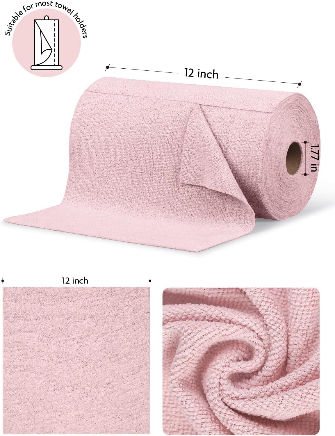 Microfiber Cleaning Cloth Roll -75 Pack, 12" x 12" (Pink)