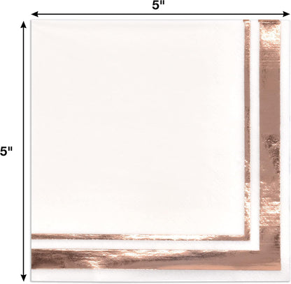 120 Rose Gold Cocktail Napkins with Foil Border, 3 Ply White Beverage Napkins for Wedding Bridal Shower Decor