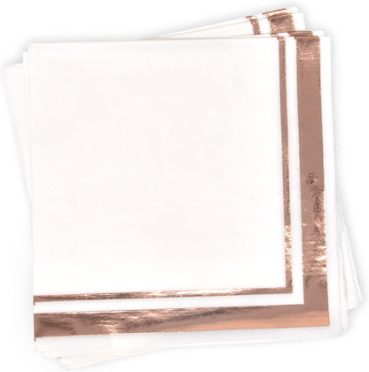 120 Rose Gold Cocktail Napkins with Foil Border, 3 Ply White Beverage Napkins for Wedding Bridal Shower Decor
