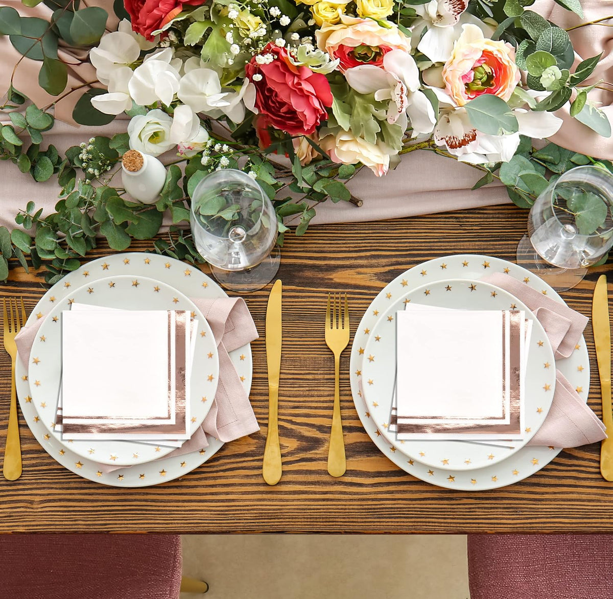 120 Rose Gold Cocktail Napkins with Foil Border, 3 Ply White Beverage Napkins for Wedding Bridal Shower Decor