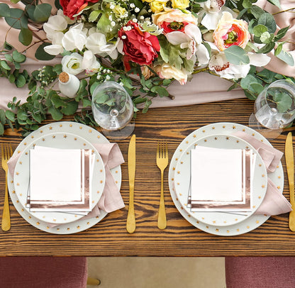 120 Rose Gold Cocktail Napkins with Foil Border, 3 Ply White Beverage Napkins for Wedding Bridal Shower Decor