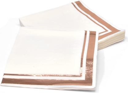 120 Rose Gold Cocktail Napkins with Foil Border, 3 Ply White Beverage Napkins for Wedding Bridal Shower Decor