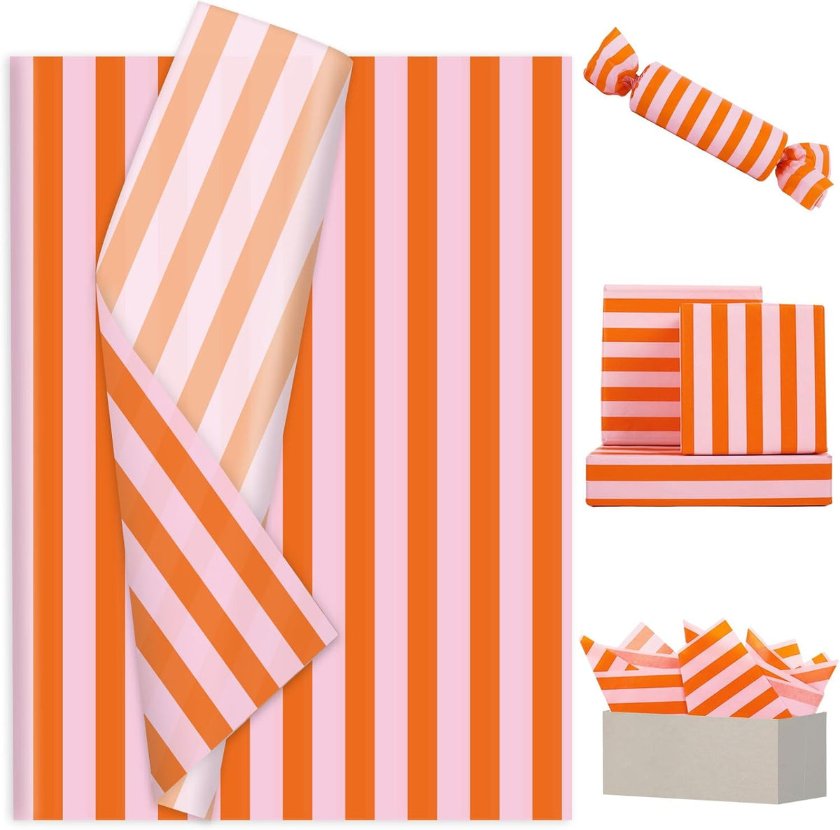 60 Sheets Stripe Tissue Paper Pink Orange Stripe Wrapping Paper for Birthday Baby Shower Wedding Party DIY Crafts Supplies, 14 x 20 Inch