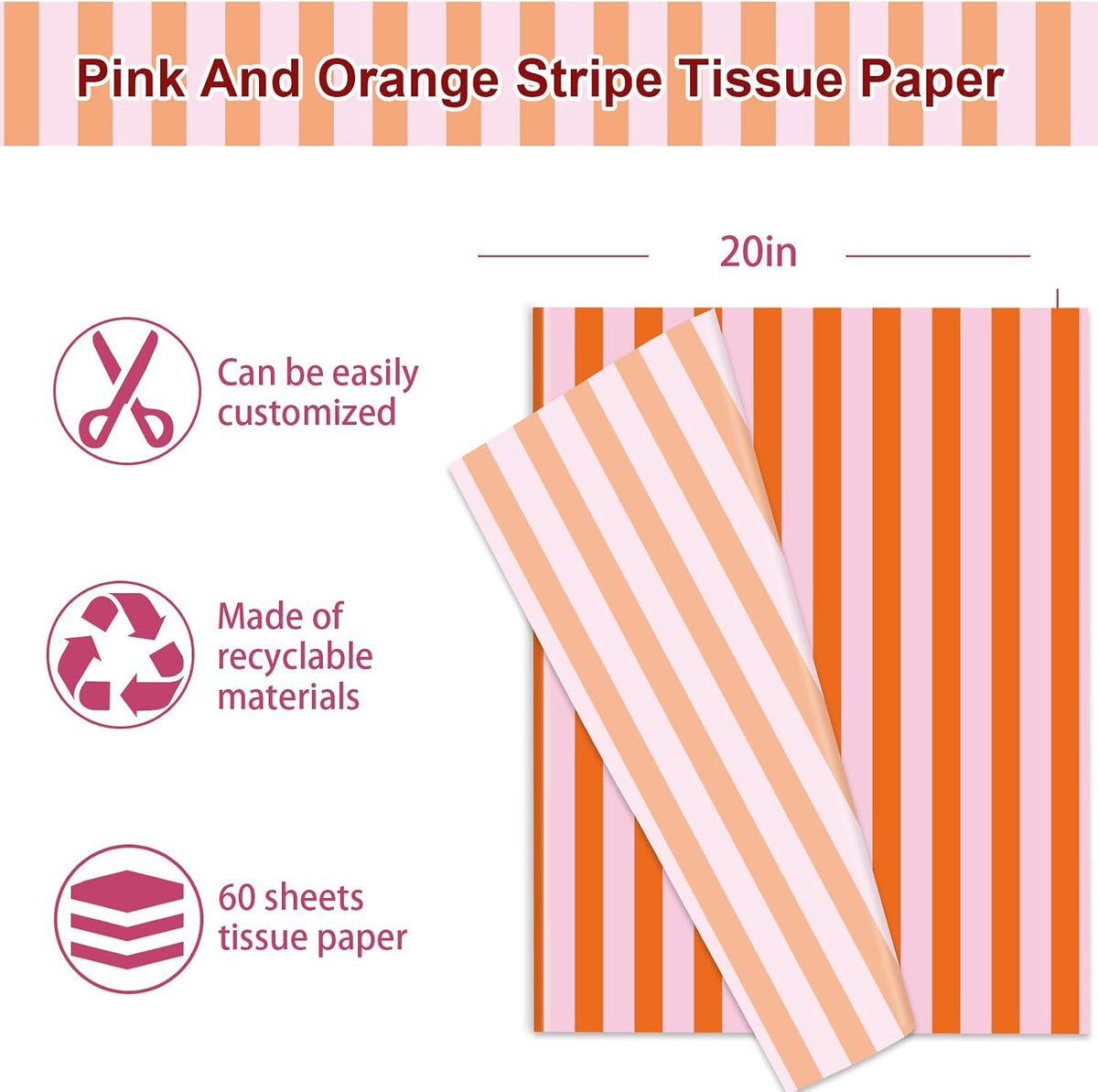 60 Sheets Stripe Tissue Paper Pink Orange Stripe Wrapping Paper for Birthday Baby Shower Wedding Party DIY Crafts Supplies, 14 x 20 Inch