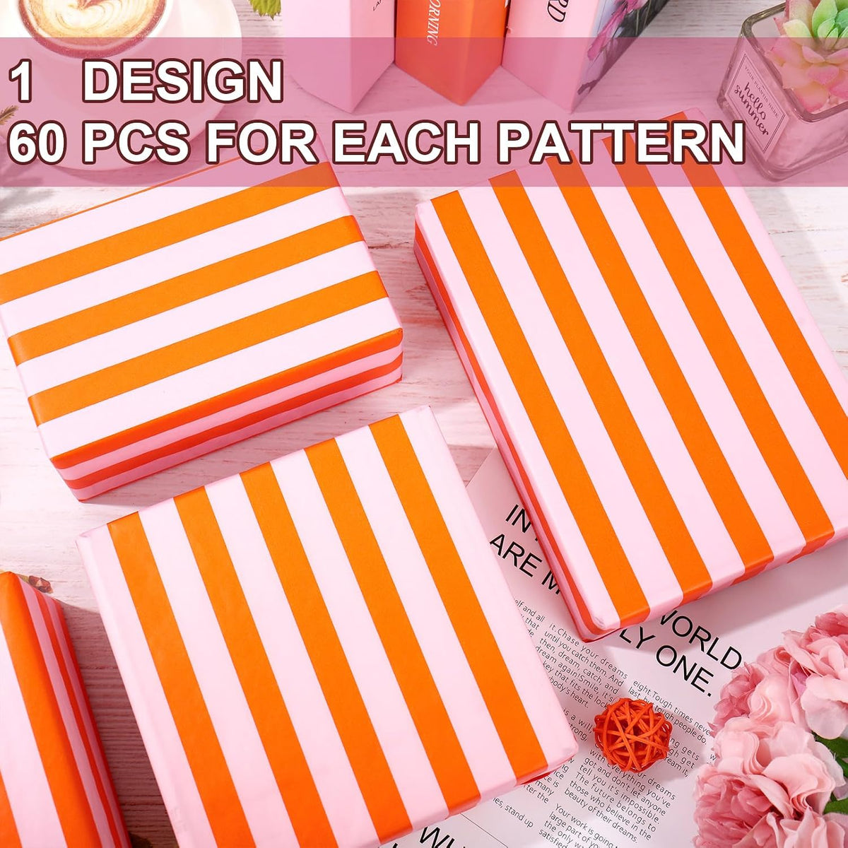 60 Sheets Stripe Tissue Paper Pink Orange Stripe Wrapping Paper for Birthday Baby Shower Wedding Party DIY Crafts Supplies, 14 x 20 Inch