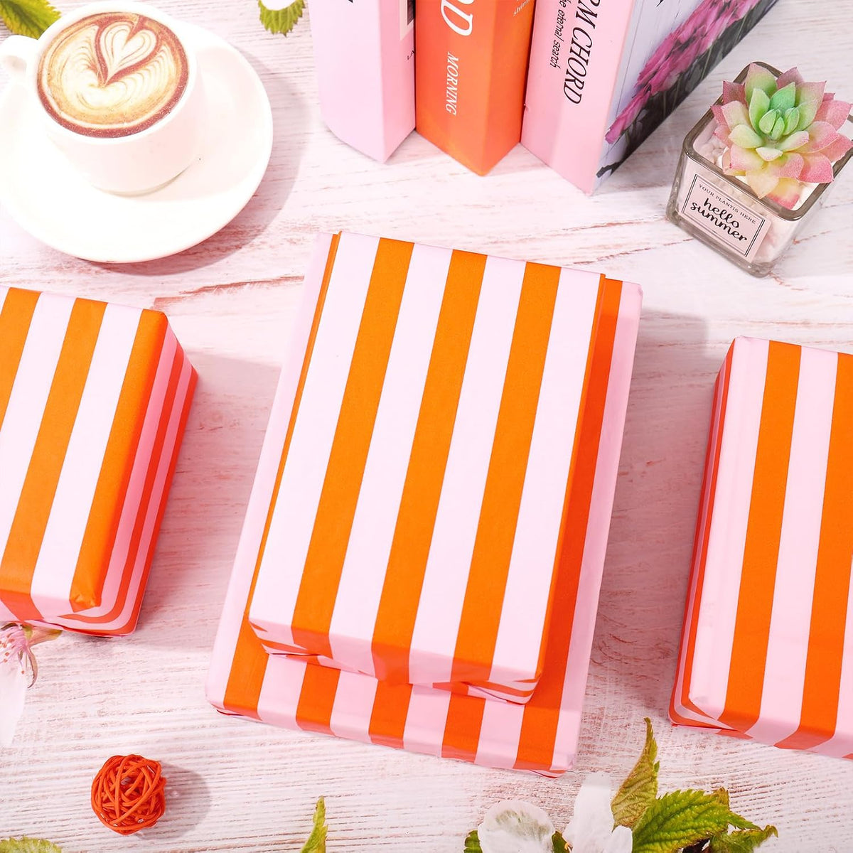 60 Sheets Stripe Tissue Paper Pink Orange Stripe Wrapping Paper for Birthday Baby Shower Wedding Party DIY Crafts Supplies, 14 x 20 Inch