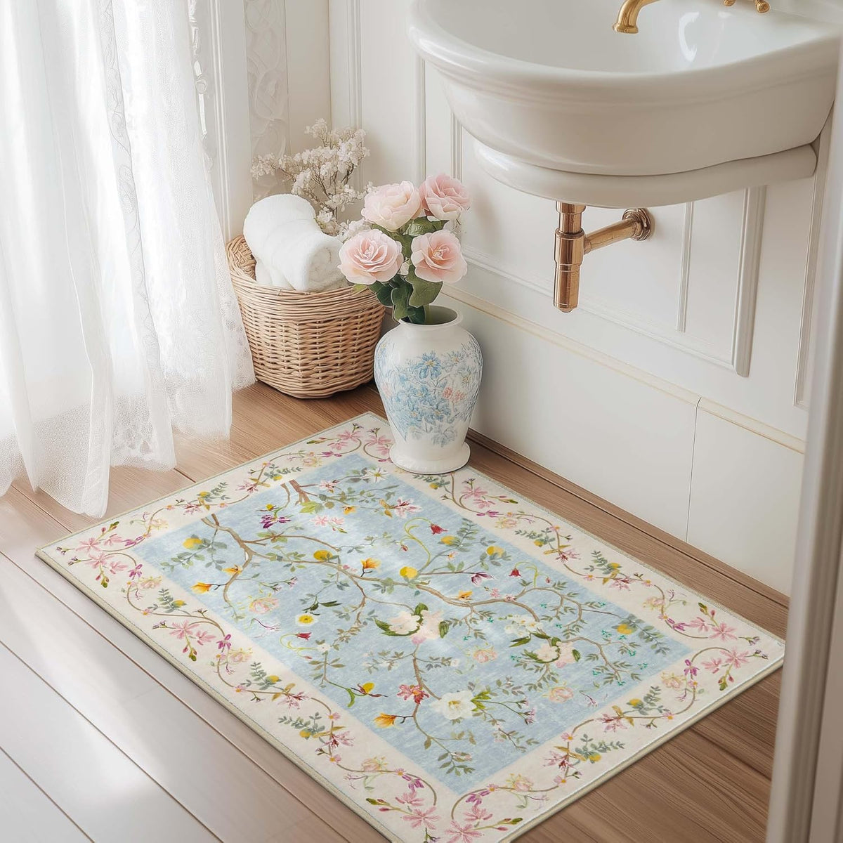 2x3 Washable Entryway Area Rug, Soft Floral Non-Slip, Blue/Pink