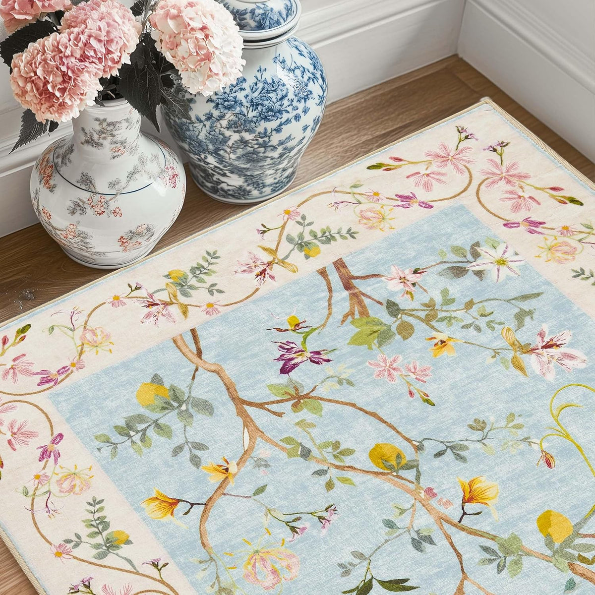 2x3 Washable Entryway Area Rug, Soft Floral Non-Slip, Blue/Pink