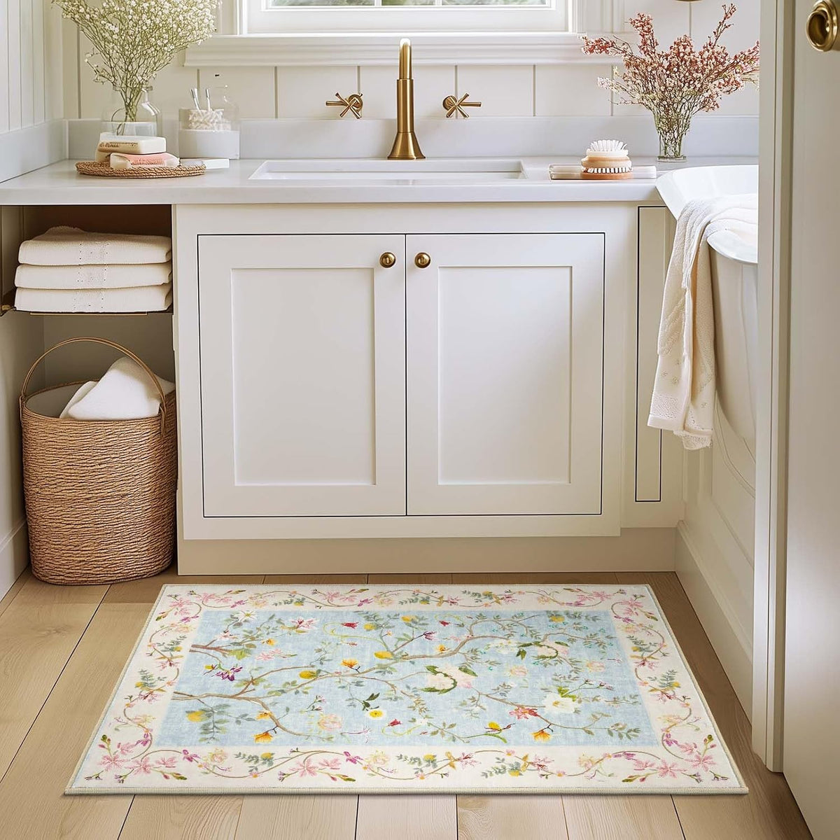 2x3 Washable Entryway Area Rug, Soft Floral Non-Slip, Blue/Pink