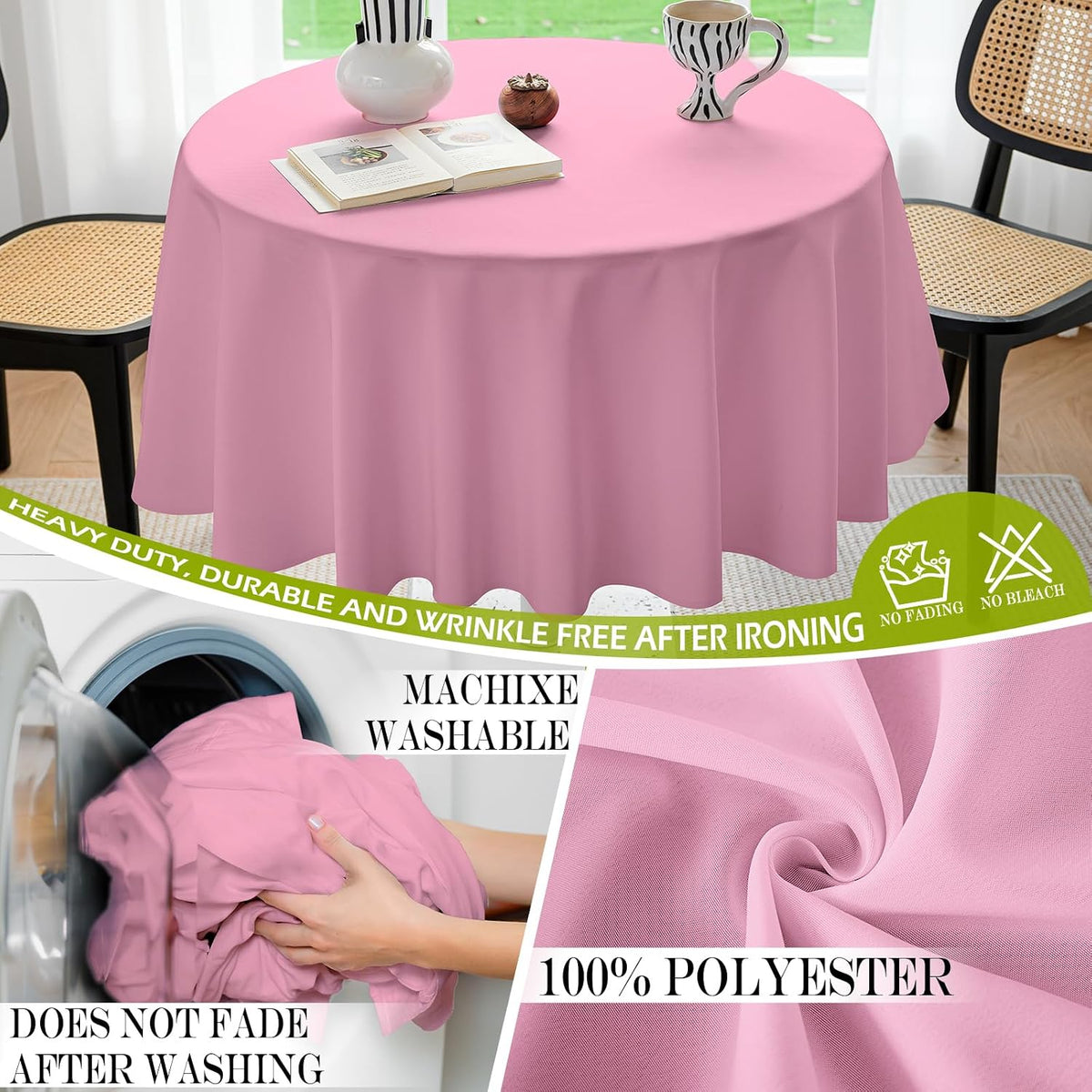 Table Cloth 60 Inch Round Tablecloth Fits Max50 Inch Diameter Table Top,Pink Polyester Washable Wrinkle-Free Spillproof Tablecloth for Party Patio Cover