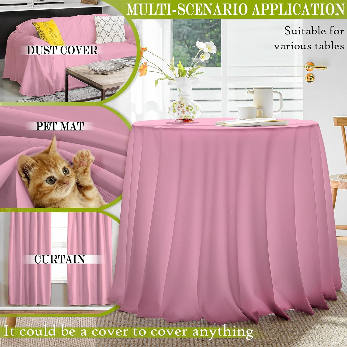 Table Cloth 60 Inch Round Tablecloth Fits Max50 Inch Diameter Table Top,Pink Polyester Washable Wrinkle-Free Spillproof Tablecloth for Party Patio Cover