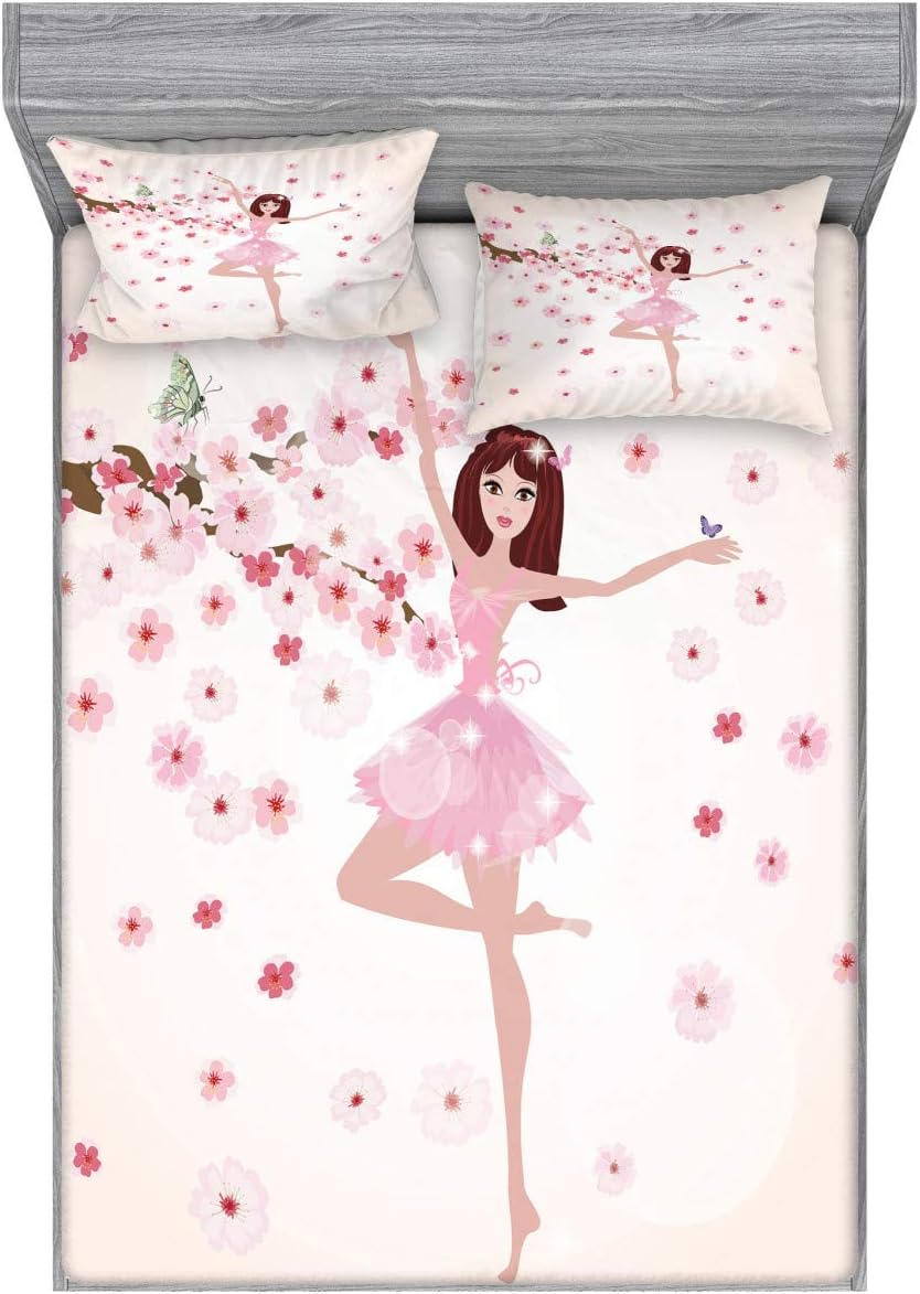 Ballet Fitted Sheet & Pillow Sham Set, Ballerina with Inspirational Spring Flowers Butterfly Sakura Tree, Decorative Printed 3 Piece Bedding Decor Set, Queen, Peach Rose