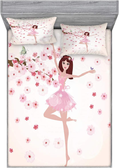 Ballet Fitted Sheet & Pillow Sham Set, Ballerina with Inspirational Spring Flowers Butterfly Sakura Tree, Decorative Printed 3 Piece Bedding Decor Set, Queen, Peach Rose