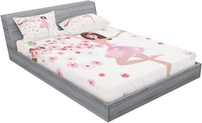 Ballet Fitted Sheet & Pillow Sham Set, Ballerina with Inspirational Spring Flowers Butterfly Sakura Tree, Decorative Printed 3 Piece Bedding Decor Set, Queen, Peach Rose