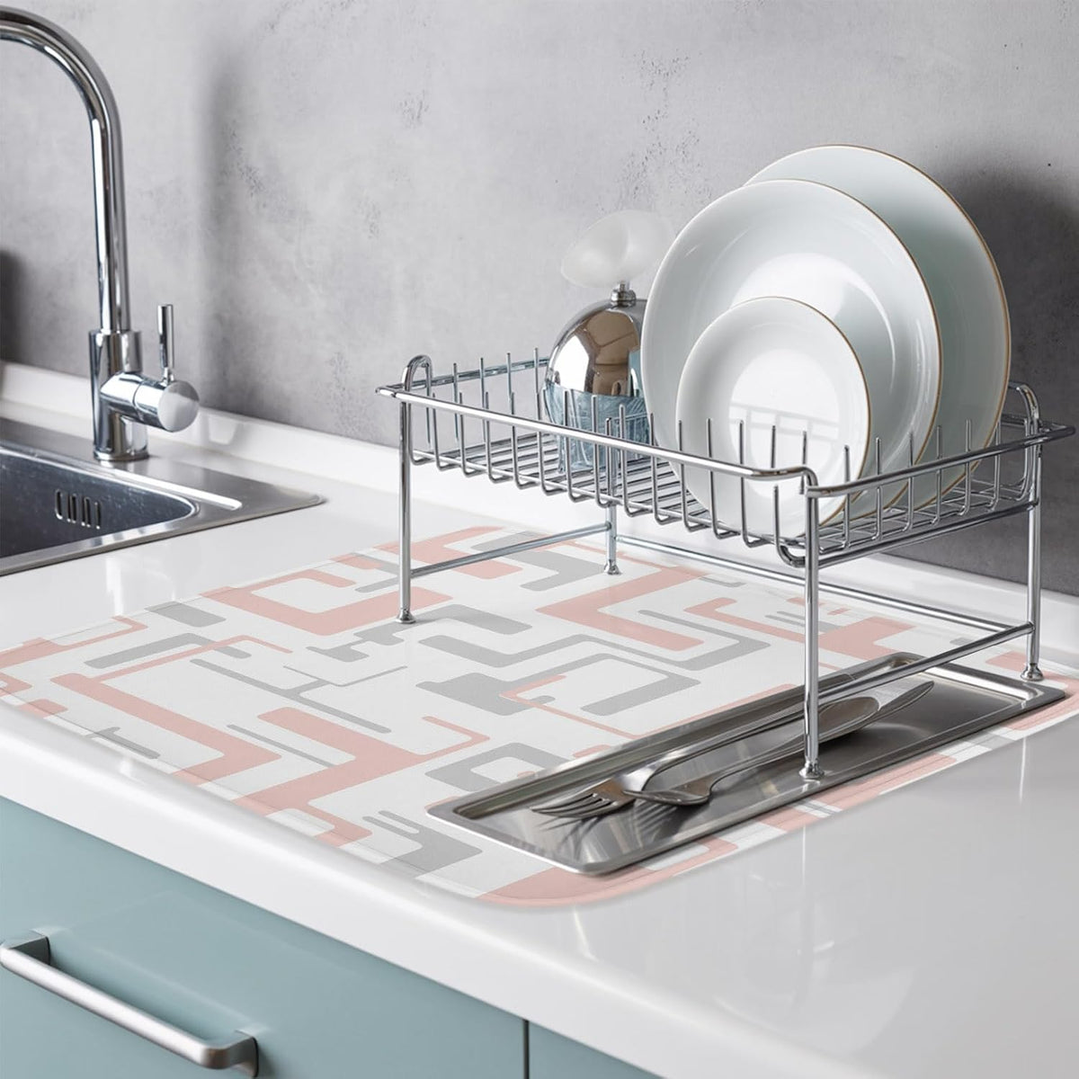 Dish Drying Mat for Kitchen Counter Modern Pink Gray Stripe Lines Absorbent Drying Pad Microfiber Dishes Drainer Rack Mats for Sink Utensil Glassware,18x24 in,1PCS Abstract Geometric Art