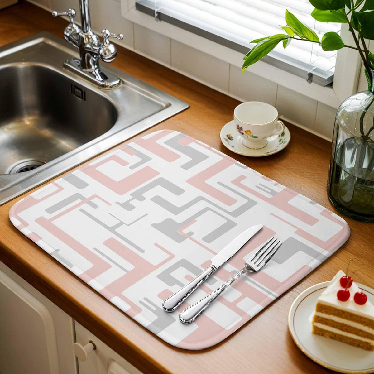 Dish Drying Mat for Kitchen Counter Modern Pink Gray Stripe Lines Absorbent Drying Pad Microfiber Dishes Drainer Rack Mats for Sink Utensil Glassware,18x24 in,1PCS Abstract Geometric Art
