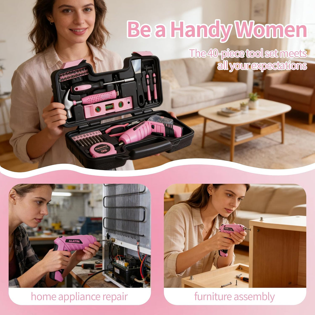 Pink Tool Set for Women,40-Pc Drill Set with Tool Box,Complete Home DIY Kit for Beginners, Crafting & Quick Fixes