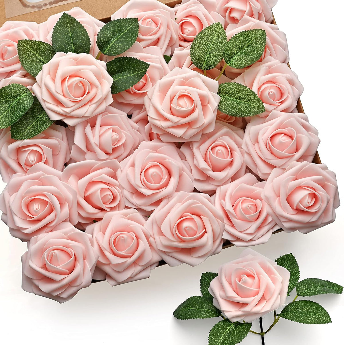 50Pcs Artificial Roses Flowers, Blush Pink Roses Artificial Flowers Foam Fake Roses with Stem for Wedding Bridal Bouquets Party Centerpieces Artificial Flowers Crafts DIY Home Decoration