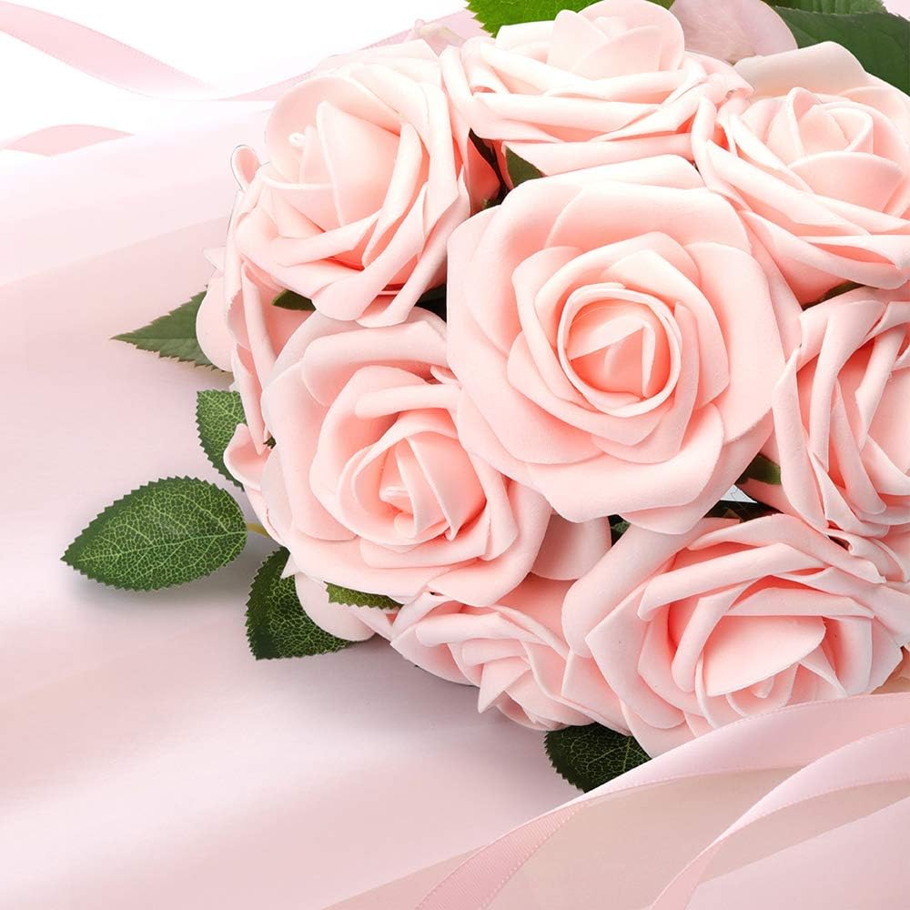 50Pcs Artificial Roses Flowers, Blush Pink Roses Artificial Flowers Foam Fake Roses with Stem for Wedding Bridal Bouquets Party Centerpieces Artificial Flowers Crafts DIY Home Decoration