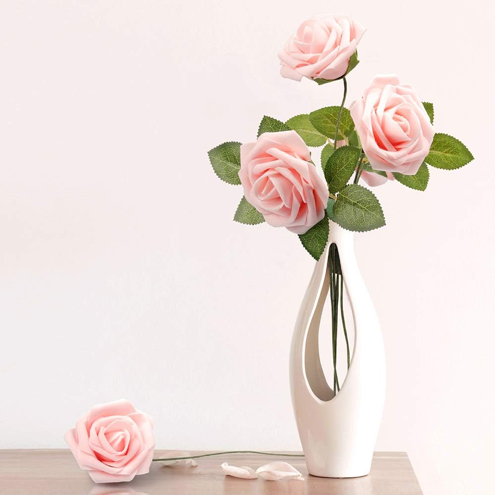 50Pcs Artificial Roses Flowers, Blush Pink Roses Artificial Flowers Foam Fake Roses with Stem for Wedding Bridal Bouquets Party Centerpieces Artificial Flowers Crafts DIY Home Decoration