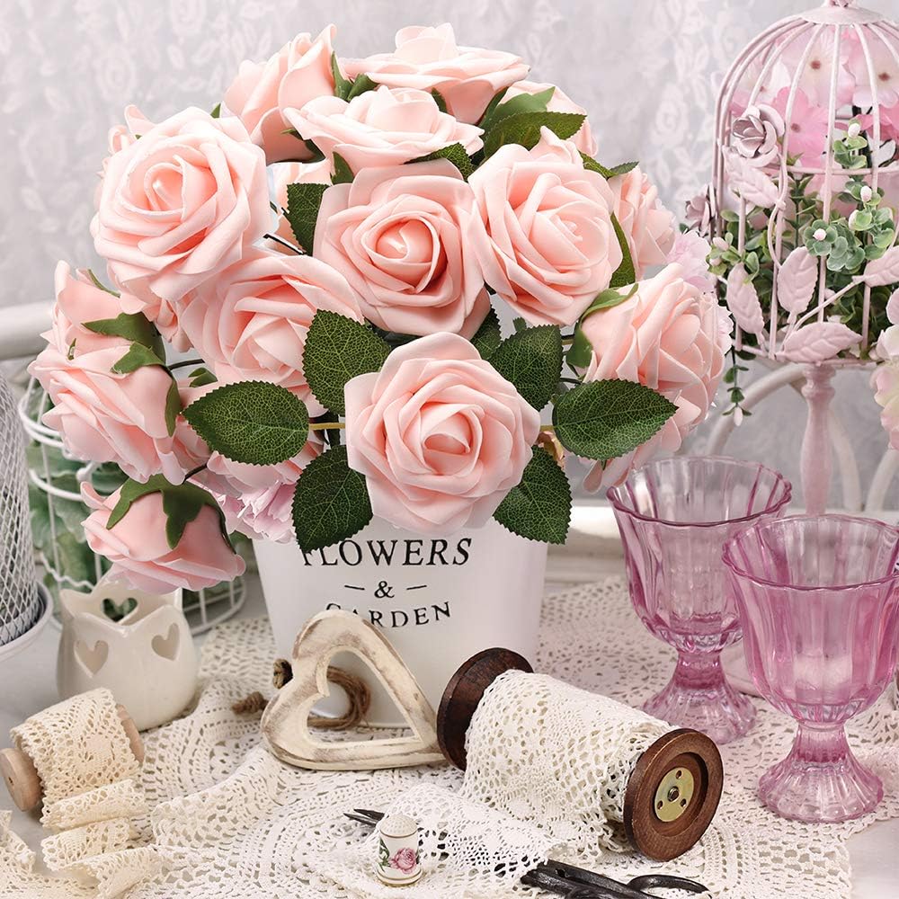 50Pcs Artificial Roses Flowers, Blush Pink Roses Artificial Flowers Foam Fake Roses with Stem for Wedding Bridal Bouquets Party Centerpieces Artificial Flowers Crafts DIY Home Decoration
