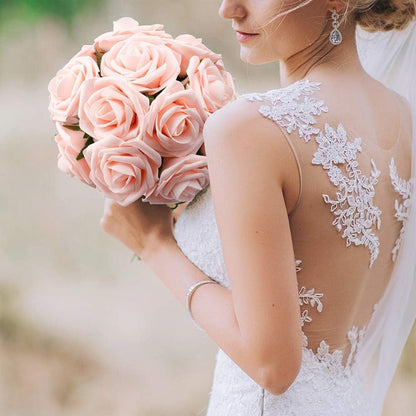 50Pcs Artificial Roses Flowers, Blush Pink Roses Artificial Flowers Foam Fake Roses with Stem for Wedding Bridal Bouquets Party Centerpieces Artificial Flowers Crafts DIY Home Decoration