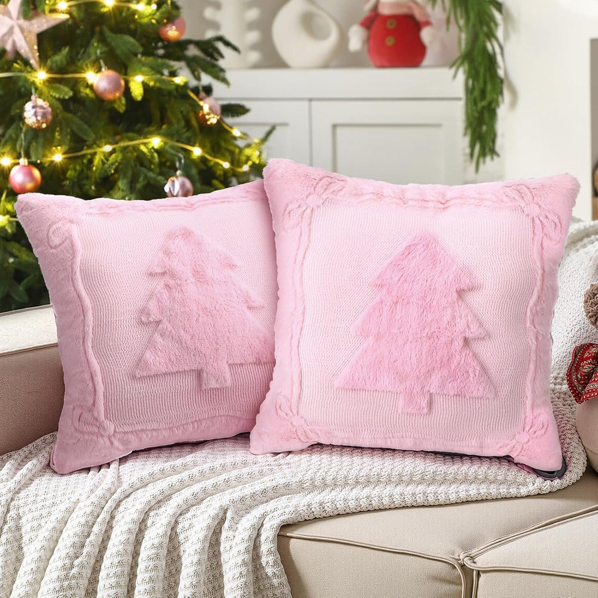 2 Pcs Christmas Tree Pink Pillow Cover Christmas Throw Decor 18 x 18