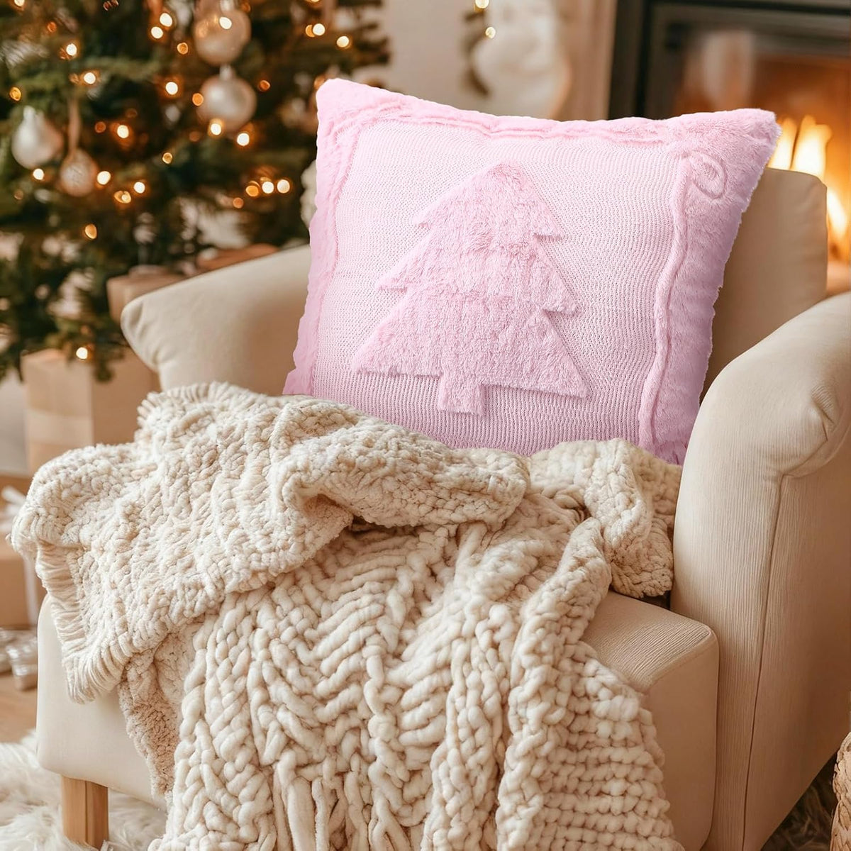 2 Pcs Christmas Tree Pink Pillow Cover Christmas Throw Decor 18 x 18