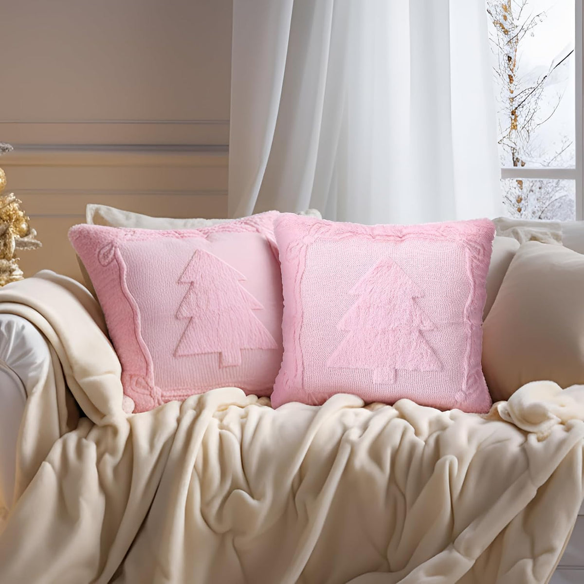2 Pcs Christmas Tree Pink Pillow Cover Christmas Throw Decor 18 x 18