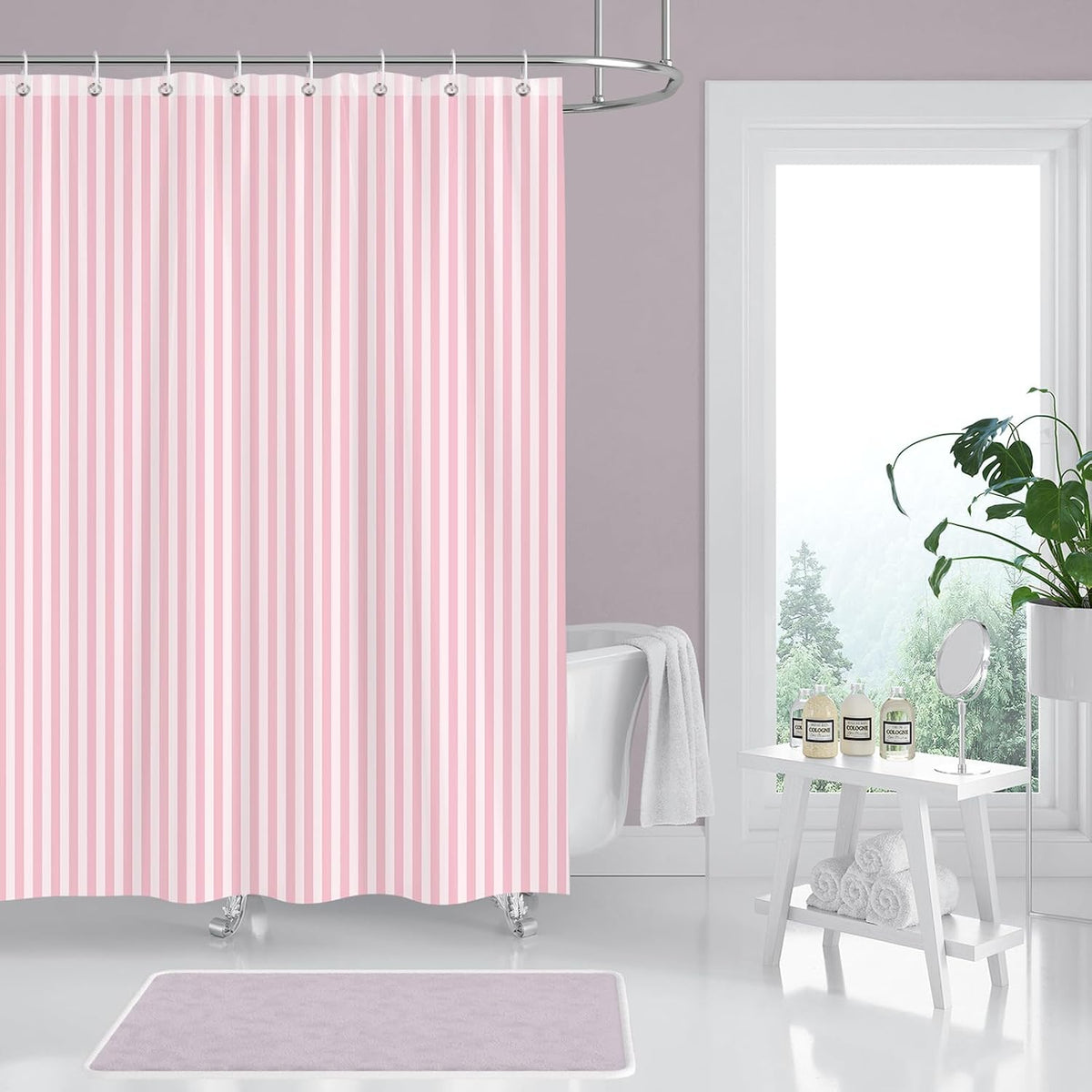 Pink and White Striped Shower Curtain for Bathroom 72 x 78 inch