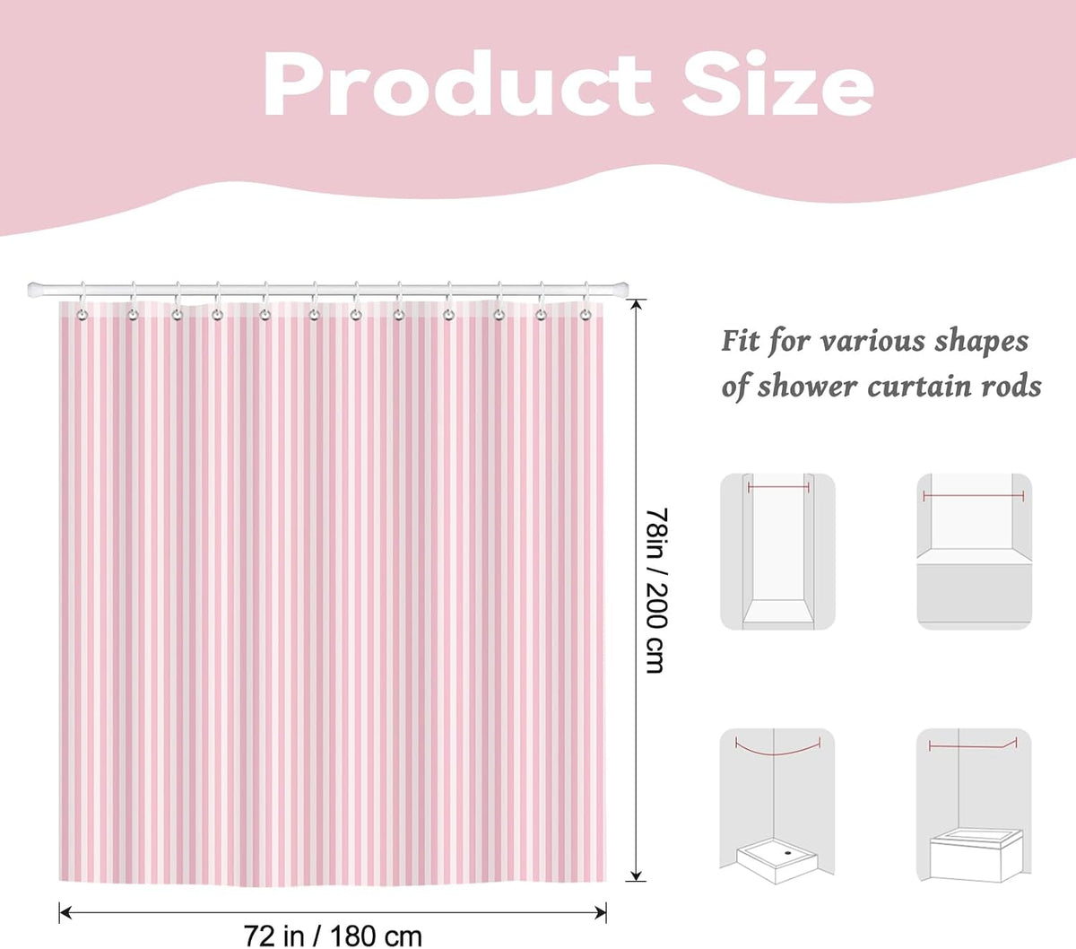 Pink and White Striped Shower Curtain for Bathroom 72 x 78 inch