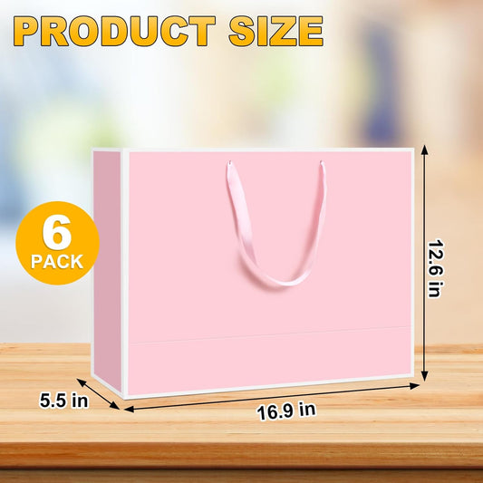 Large Pink Gift Bags,6Pcs 17"x5.5"x12.6" Paper Gift Bags with Ribbon Handles,Gift Wrap Bags for Bridesmaid,Women,Girls,Birthday,Valentines,Wedding Party