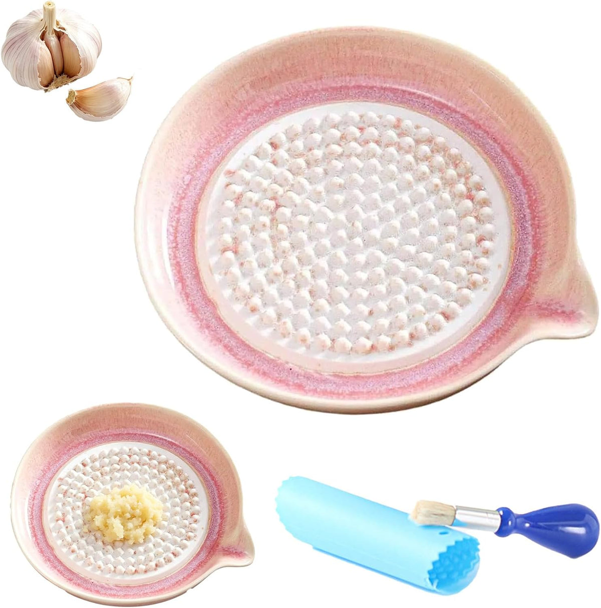 Handcrafted Gradient Ceramic Grater Plate – Multipurpose Grinder for Ginger, Garlic, Cheese, Chocolate, Fruits & Vegetables – with Pour Spout & Cleaning Brush (Pink)