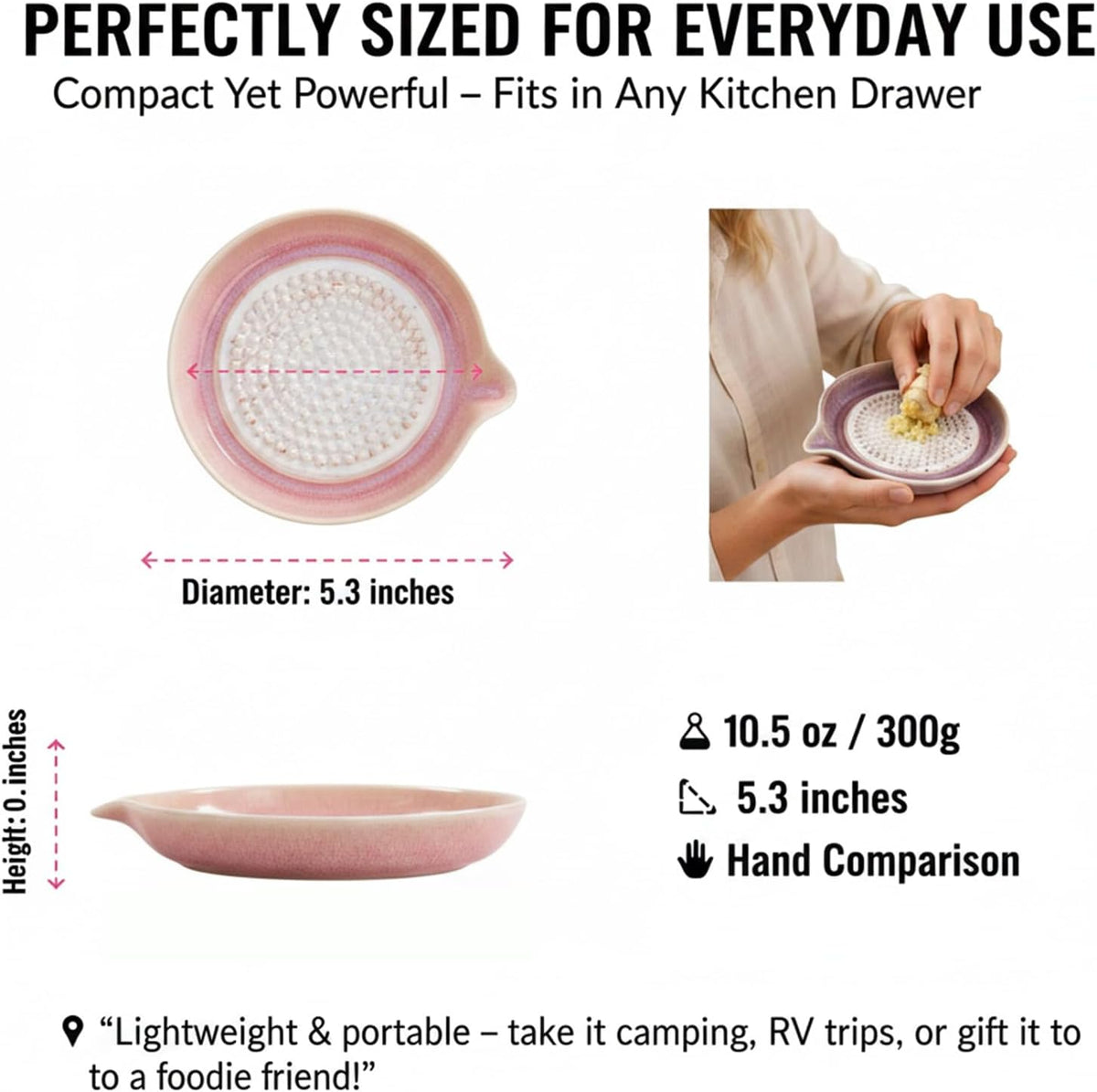 Handcrafted Gradient Ceramic Grater Plate – Multipurpose Grinder for Ginger, Garlic, Cheese, Chocolate, Fruits & Vegetables – with Pour Spout & Cleaning Brush (Pink)