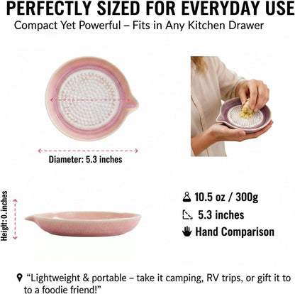 Handcrafted Gradient Ceramic Grater Plate – Multipurpose Grinder for Ginger, Garlic, Cheese, Chocolate, Fruits & Vegetables – with Pour Spout & Cleaning Brush (Pink)