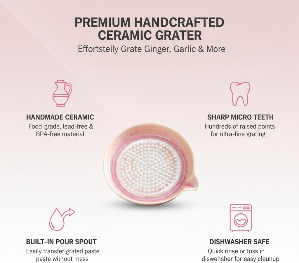 Handcrafted Gradient Ceramic Grater Plate – Multipurpose Grinder for Ginger, Garlic, Cheese, Chocolate, Fruits & Vegetables – with Pour Spout & Cleaning Brush (Pink)