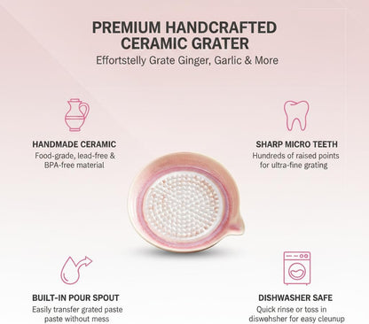 Handcrafted Gradient Ceramic Grater Plate – Multipurpose Grinder for Ginger, Garlic, Cheese, Chocolate, Fruits & Vegetables – with Pour Spout & Cleaning Brush (Pink)