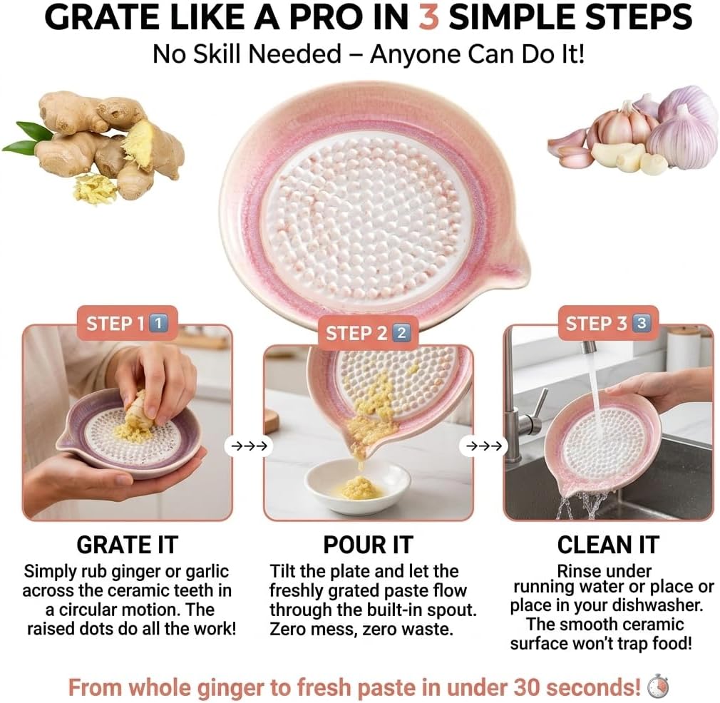 Handcrafted Gradient Ceramic Grater Plate – Multipurpose Grinder for Ginger, Garlic, Cheese, Chocolate, Fruits & Vegetables – with Pour Spout & Cleaning Brush (Pink)