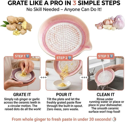 Handcrafted Gradient Ceramic Grater Plate – Multipurpose Grinder for Ginger, Garlic, Cheese, Chocolate, Fruits & Vegetables – with Pour Spout & Cleaning Brush (Pink)
