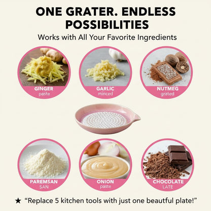 Handcrafted Gradient Ceramic Grater Plate – Multipurpose Grinder for Ginger, Garlic, Cheese, Chocolate, Fruits & Vegetables – with Pour Spout & Cleaning Brush (Pink)
