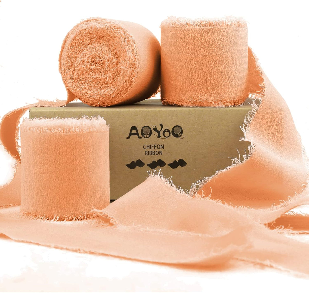 3 Rolls Rose Gold Handmade Chiffon Ribbon, 1.5" x 21Yd Frayed Fringe Silk Ribbons for Wedding Invitations, Bridal Bouquets, Gifts Wrapping, Decorations
