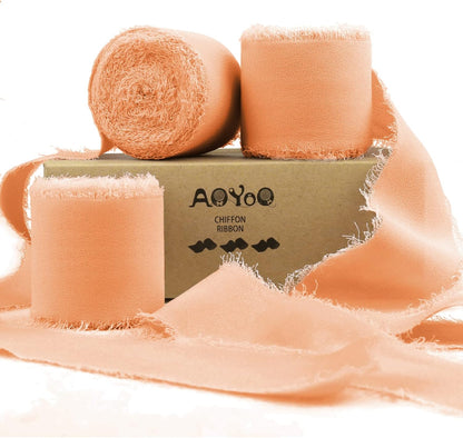 3 Rolls Rose Gold Handmade Chiffon Ribbon, 1.5" x 21Yd Frayed Fringe Silk Ribbons for Wedding Invitations, Bridal Bouquets, Gifts Wrapping, Decorations