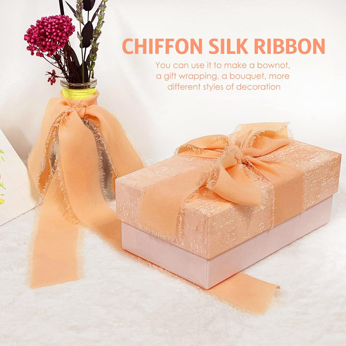 3 Rolls Rose Gold Handmade Chiffon Ribbon, 1.5" x 21Yd Frayed Fringe Silk Ribbons for Wedding Invitations, Bridal Bouquets, Gifts Wrapping, Decorations