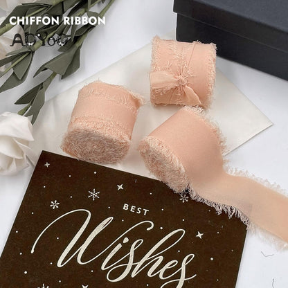 3 Rolls Rose Gold Handmade Chiffon Ribbon, 1.5" x 21Yd Frayed Fringe Silk Ribbons for Wedding Invitations, Bridal Bouquets, Gifts Wrapping, Decorations