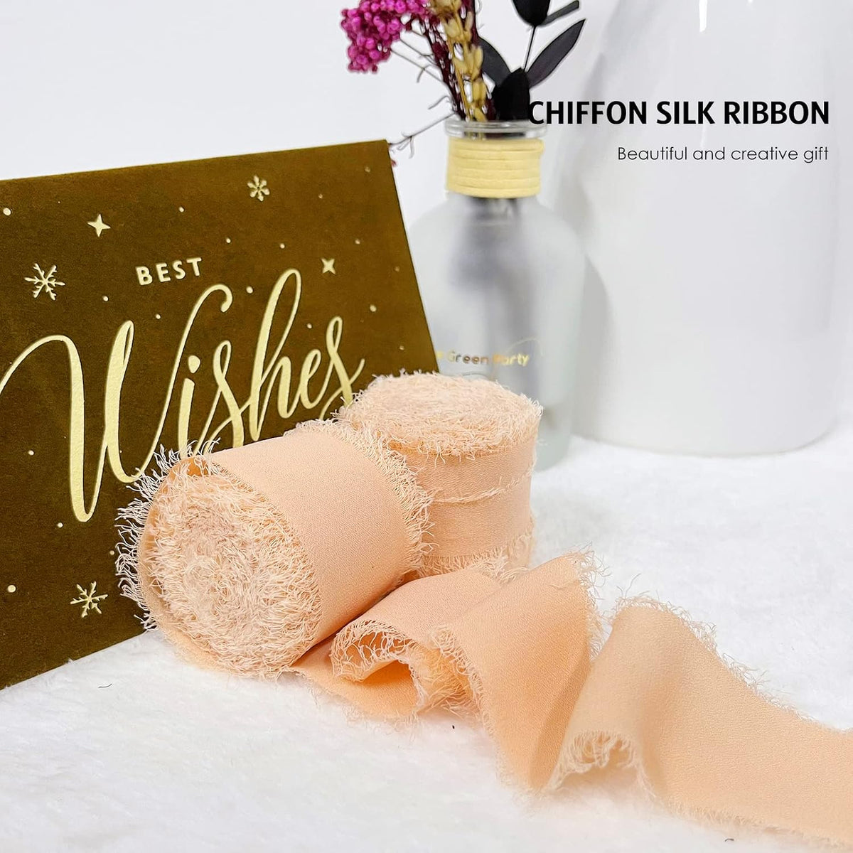 3 Rolls Rose Gold Handmade Chiffon Ribbon, 1.5" x 21Yd Frayed Fringe Silk Ribbons for Wedding Invitations, Bridal Bouquets, Gifts Wrapping, Decorations