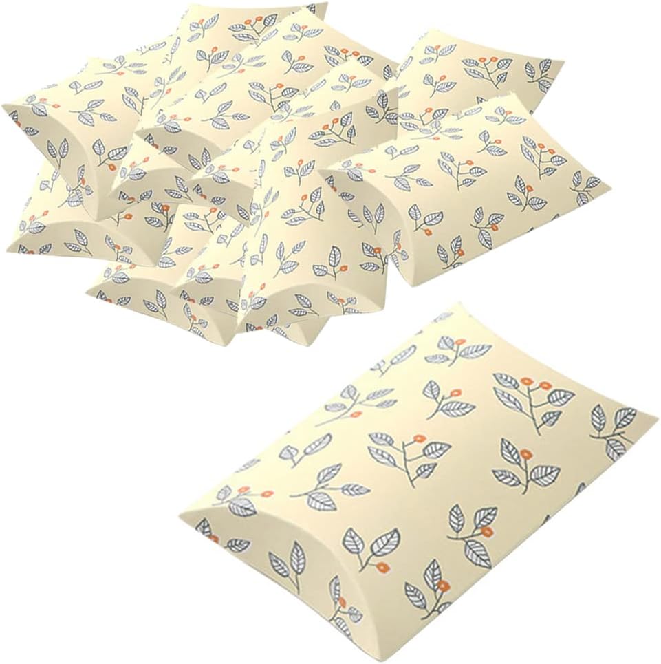 AKOAK 20 Pcs Wedding Creative Pillow Box, Candy Gift Box, Suitable for Wedding Birthday and Christmas (Light yellow+Leaves)
